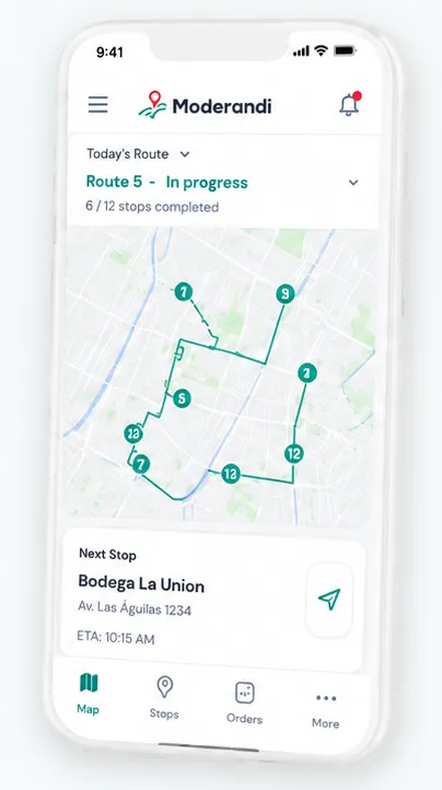 App de agente de Moderandi con la ruta en curso sobre un mapa, 6 de 12 paradas completadas y la dirección y hora estimada de la siguiente parada