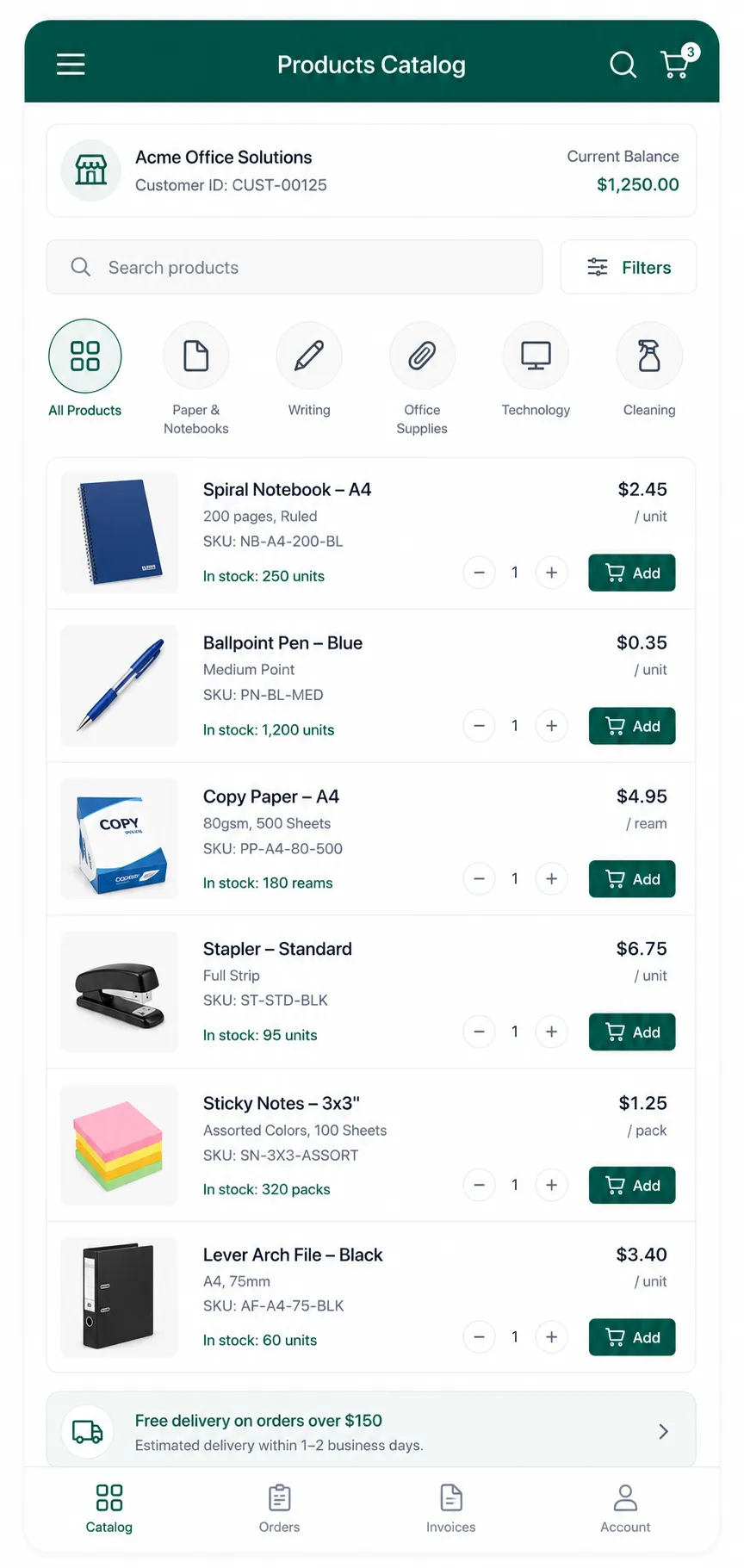 Customer Portal product catalog on mobile, showing account balance, stock levels, and unit pricing per SKU